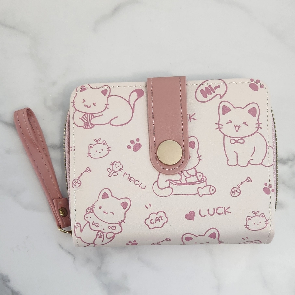 Pink & White Whimsical Cat Print Mini Wallet - Picture 7 of 15